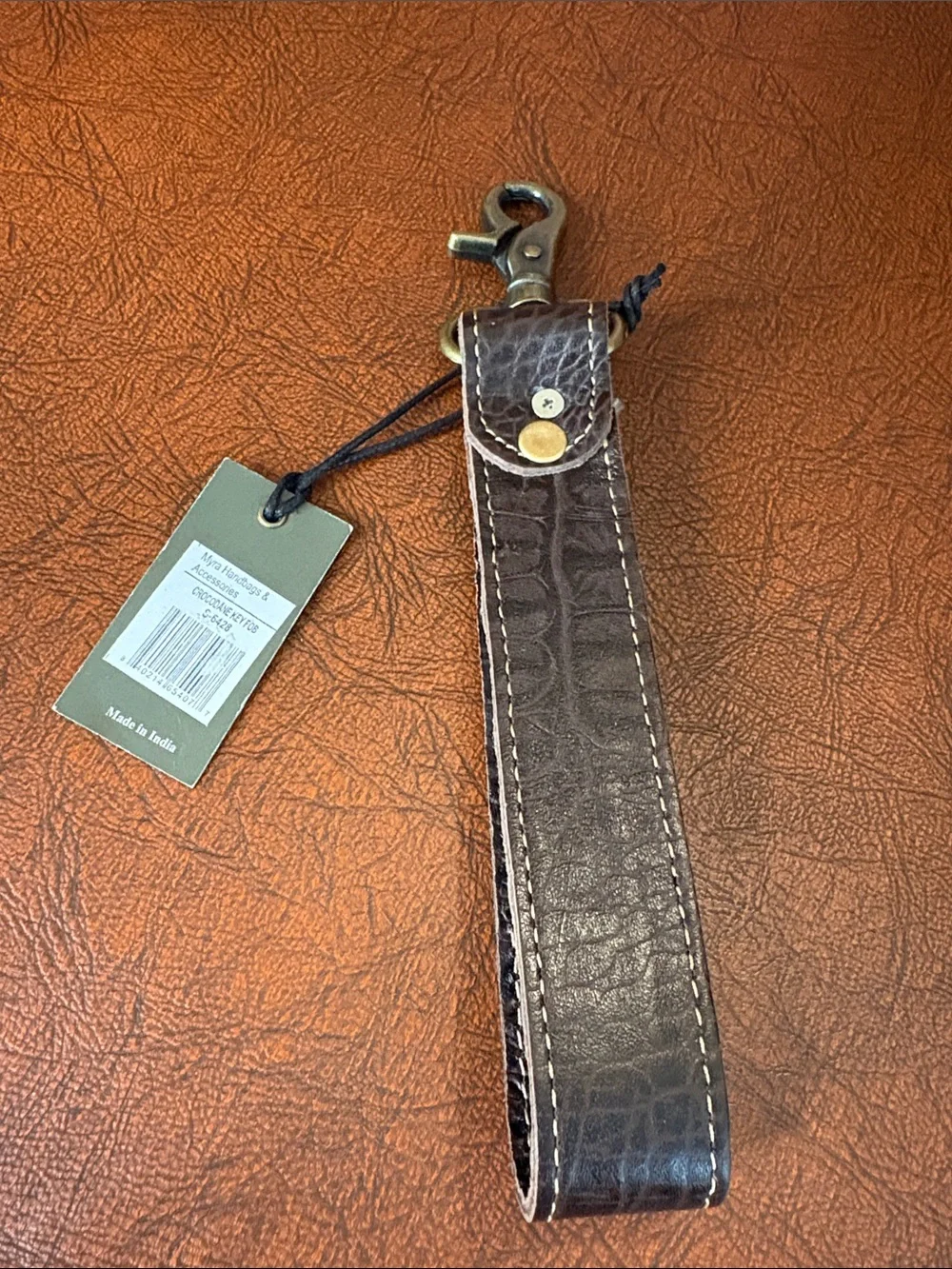 Myra Bag Dark Brown Leather Key Wristlet with Turquoise Accent